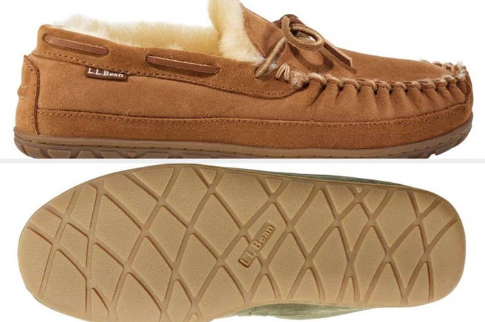 A side and bottom view of light brown LL Bean moccasins