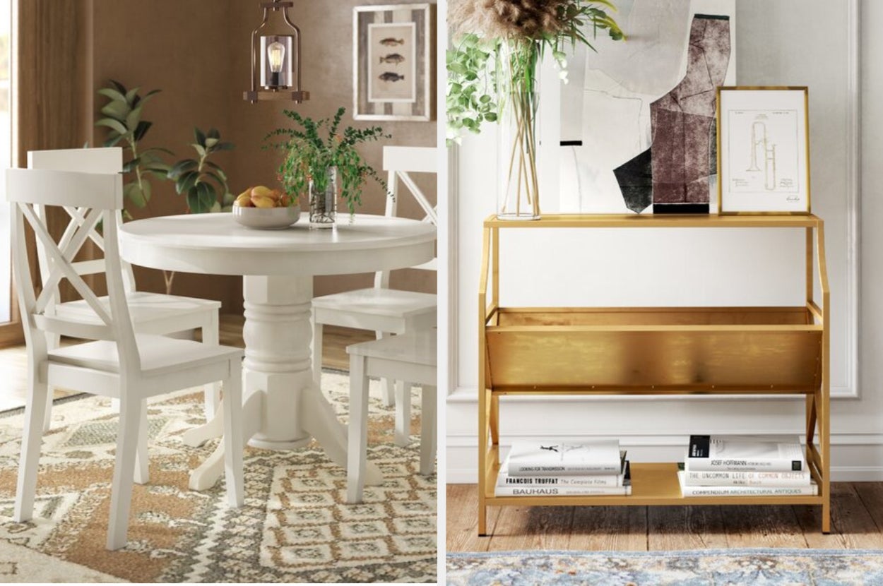 split thumb of white wood dining set with round table, library cart-style bookcase with three shelves