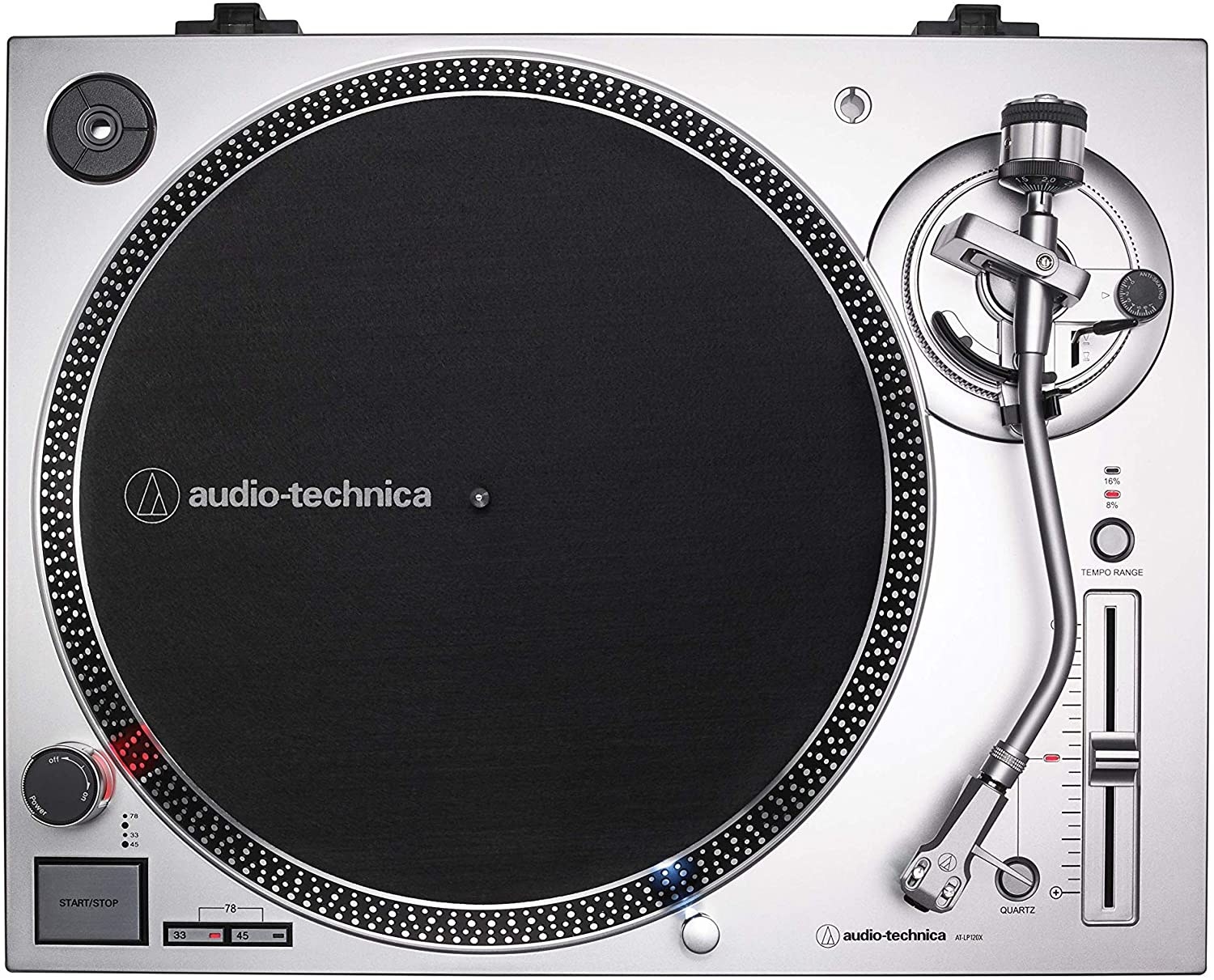 A silver turntable with a black platter mat