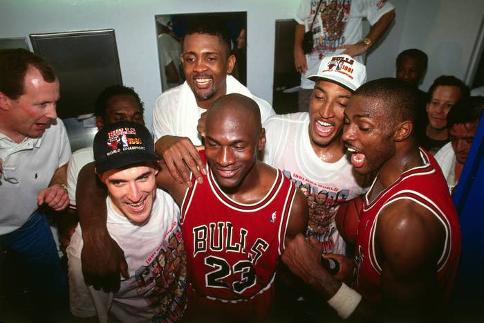 Michael Jordan celebrating his 1991 NBA championship win.