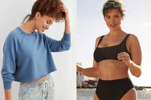 on the left a model in a blue cropped sweatshirt, on the right a model in a black bikini