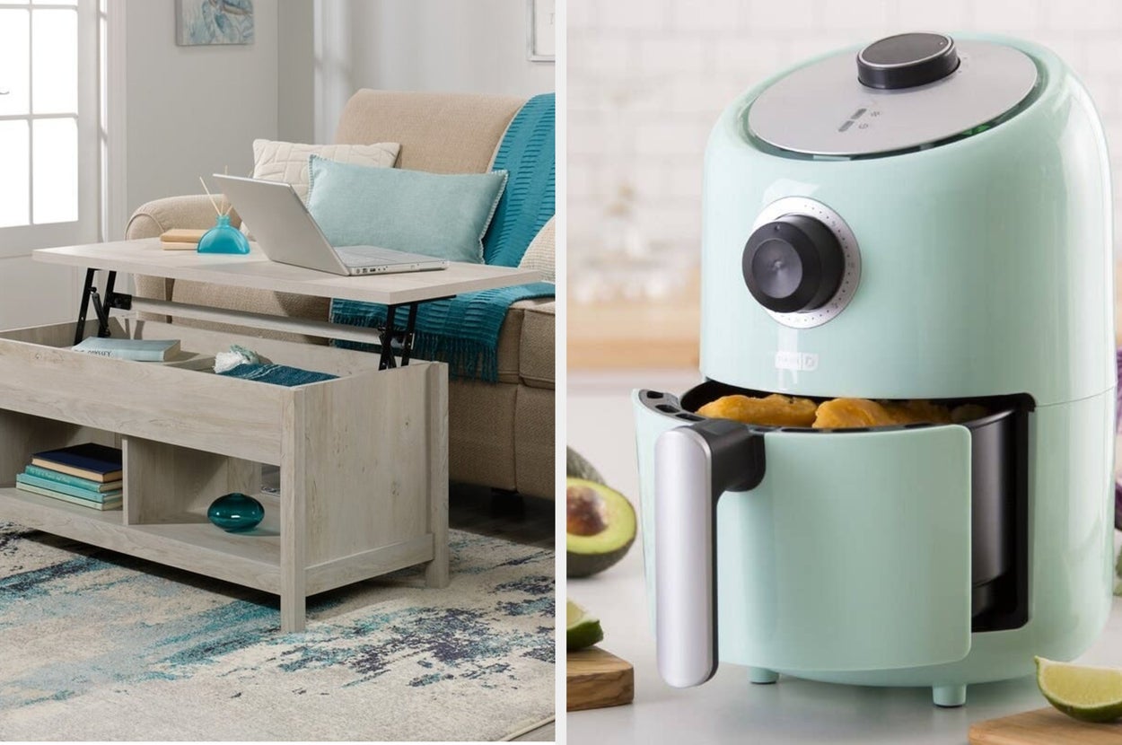 A coffee table with an extendable top and an air fryer