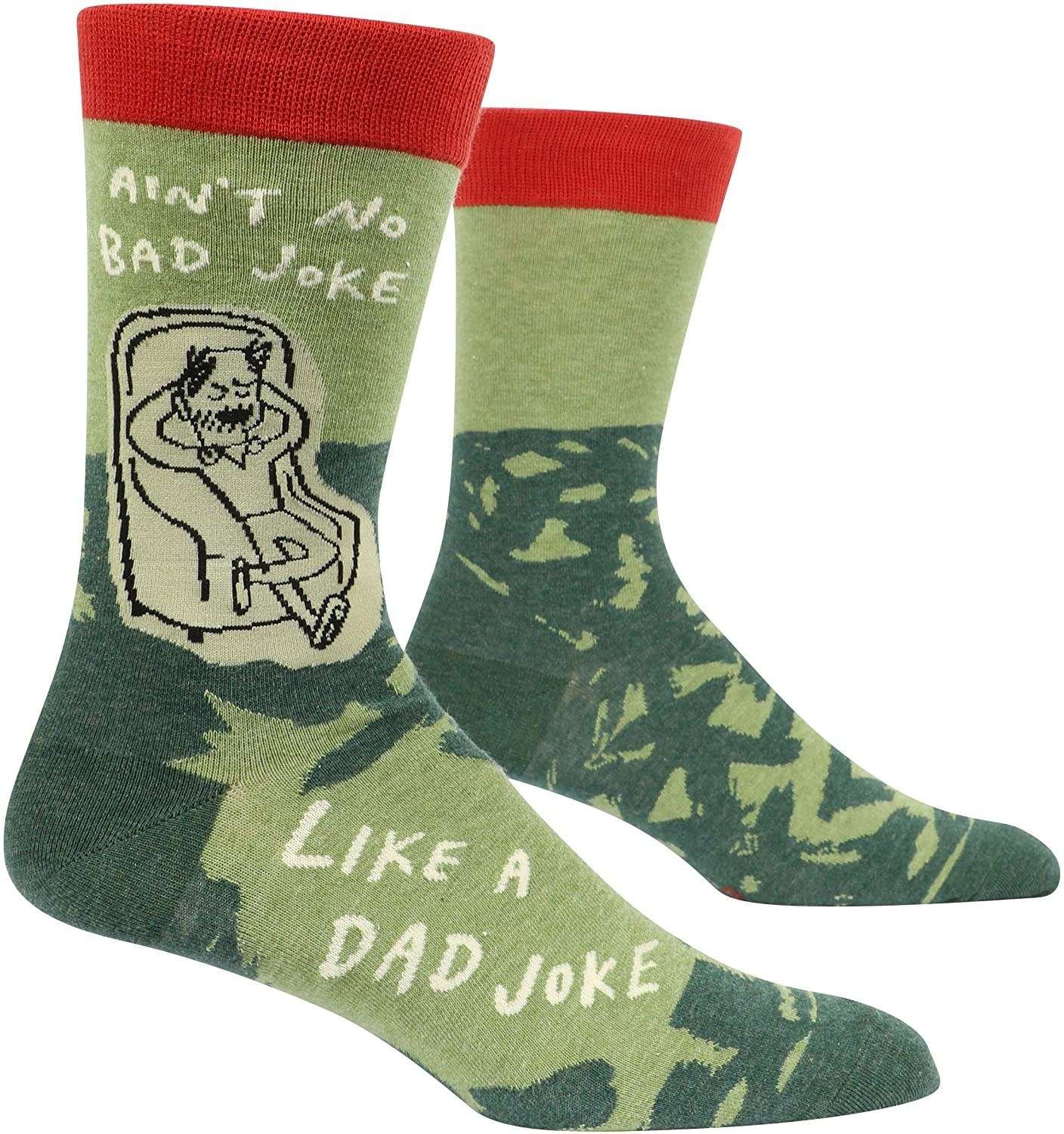 Socks that read "Ain't no bad joke like a dad joke" and feature a sketch of a pleased-with-himself dad lounging in an armchair