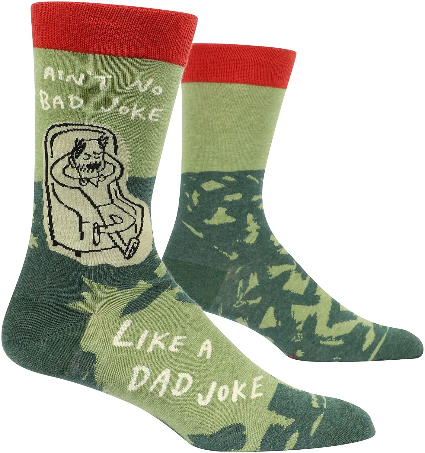 Socks that read &quot;Ain&#x27;t no bad joke like a dad joke&quot; and feature a sketch of a pleased-with-himself dad lounging in an armchair