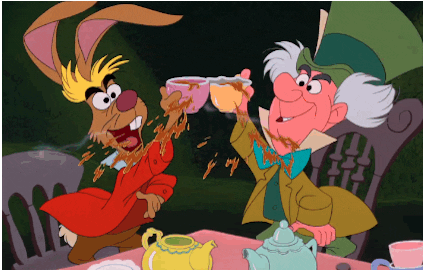 the mad hatter and the hare from alice in wonderland clinking their tea cups and pouring tea all over