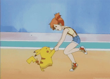 Misty and Pikachu from Pokemon holding hands and bouncing excitedly together