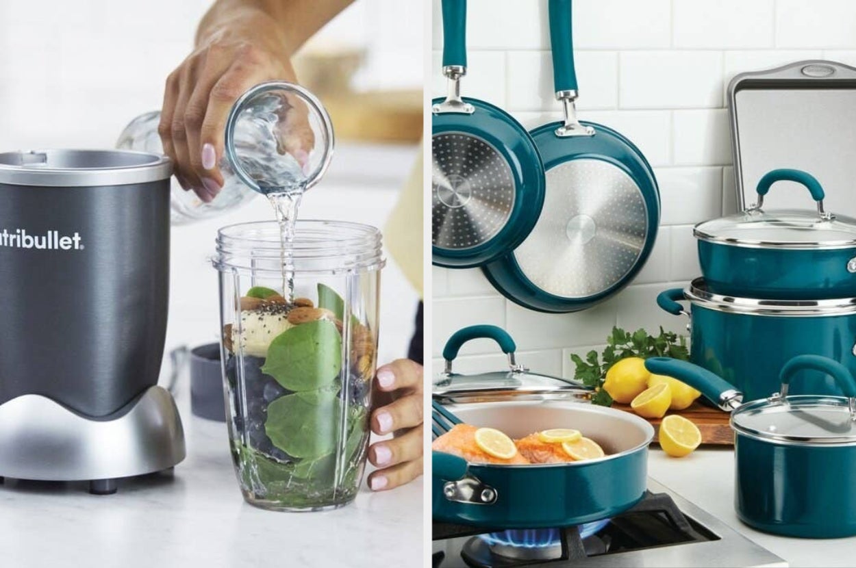 On the left, a NutriBullet personal blender, and on the right, a turquoise cookware set