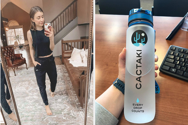 A woman posing in joggers and a person holding a water bottle