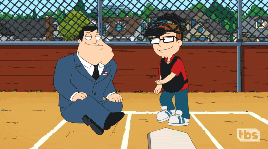 Steve Smith from "American Dad" spins around during a baseball game