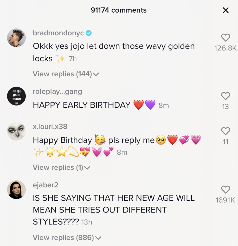 A bunch of comments praise JoJo for her recent TikTok video.