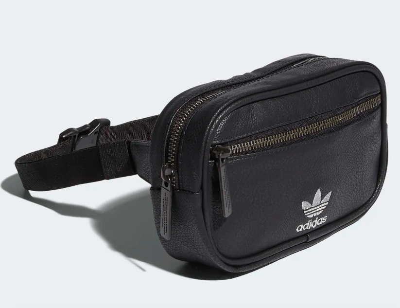 black waist pack with thick strap buckle and silver Adidas logo in the front
