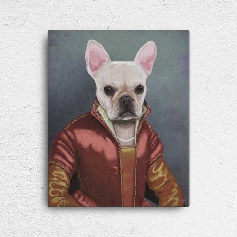 portrait of french bulldog head on person&#x27;s medieval royal body