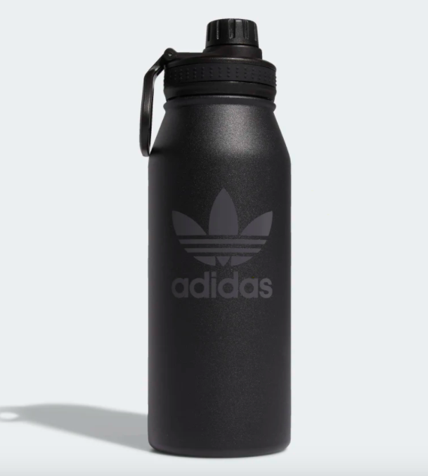 a black steel water bottle with the Adidas logo across the center in a lighter gray