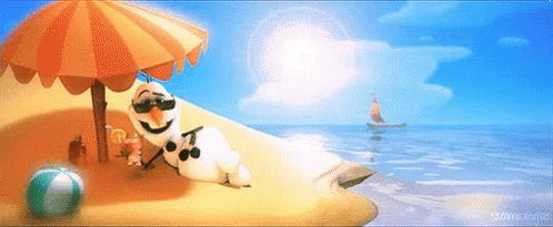 Olaf the snowman from Frozen lounging on a summer beach