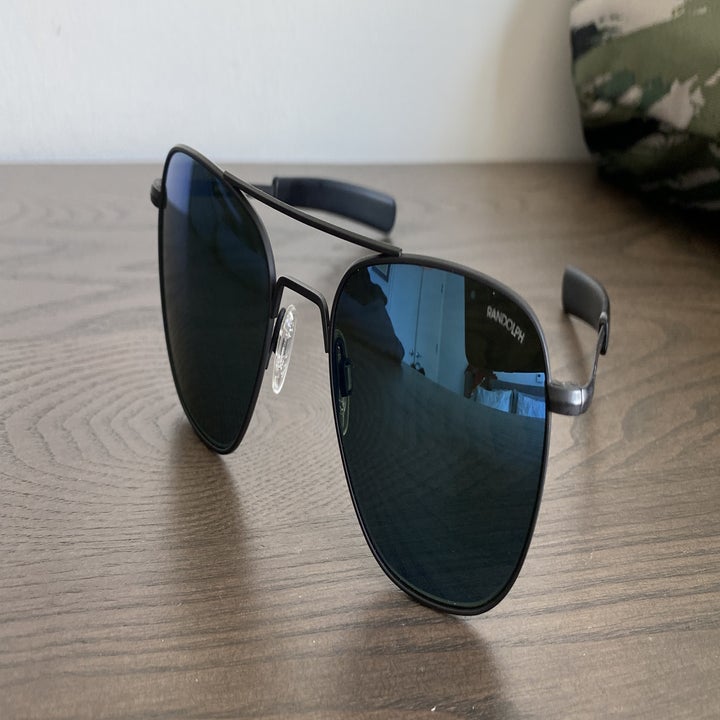 A pair of Randolph Aviator sunglasses at a quarter turn view