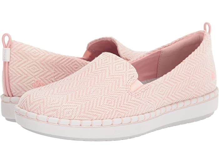 Clark Step Glow Slip with pink and white textile pattern