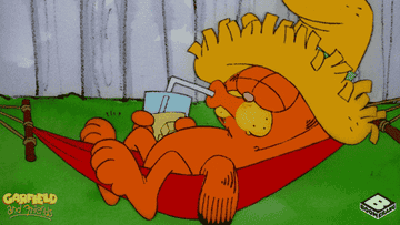 Garfield the cat relaxing on a hammock and sipping a cold lemonade