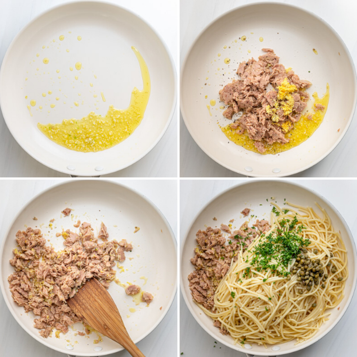 A process shot illustrating four steps of making tuna pasta.