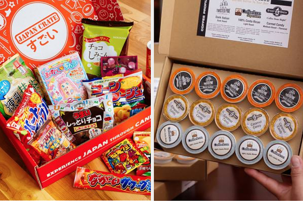 on the left, a box of Japanese snacks; on the right, a box of Keurig coffee pods