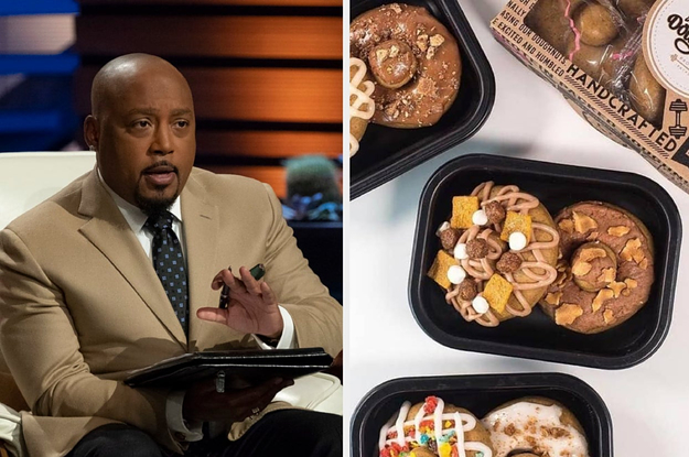 On the left, Daymond John from Shark Tank, on the right, protein doughnuts with toppings like cereal and glaze