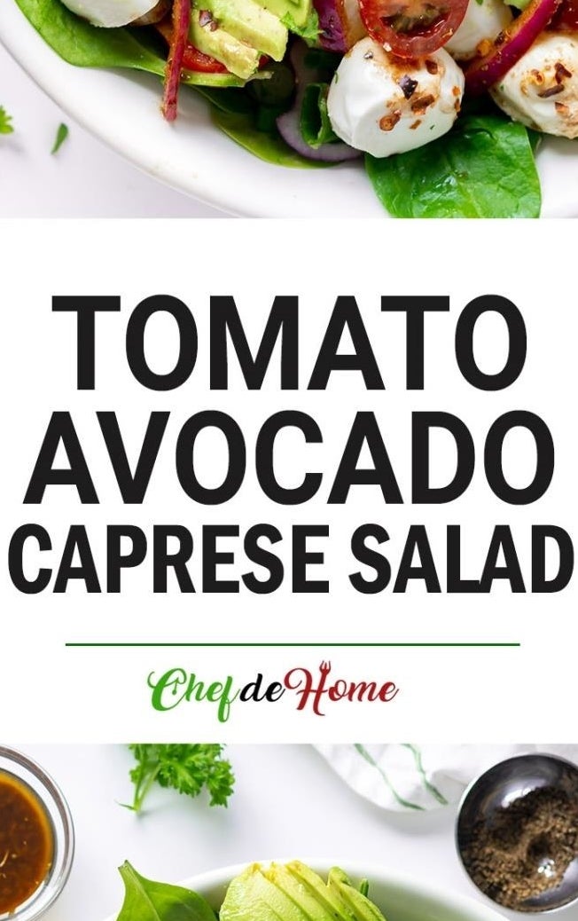 A big salad made with chopped cherry tomatoes, bocconcini, sliced avocado, red pepper, and balsamic dressing on the side.