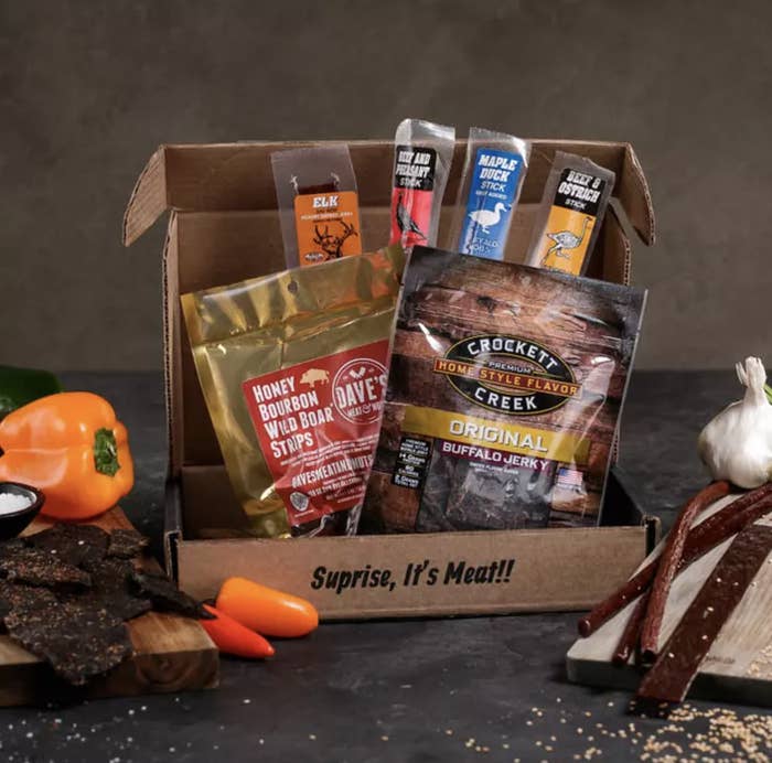 A gift box containing the different kinds of jerky