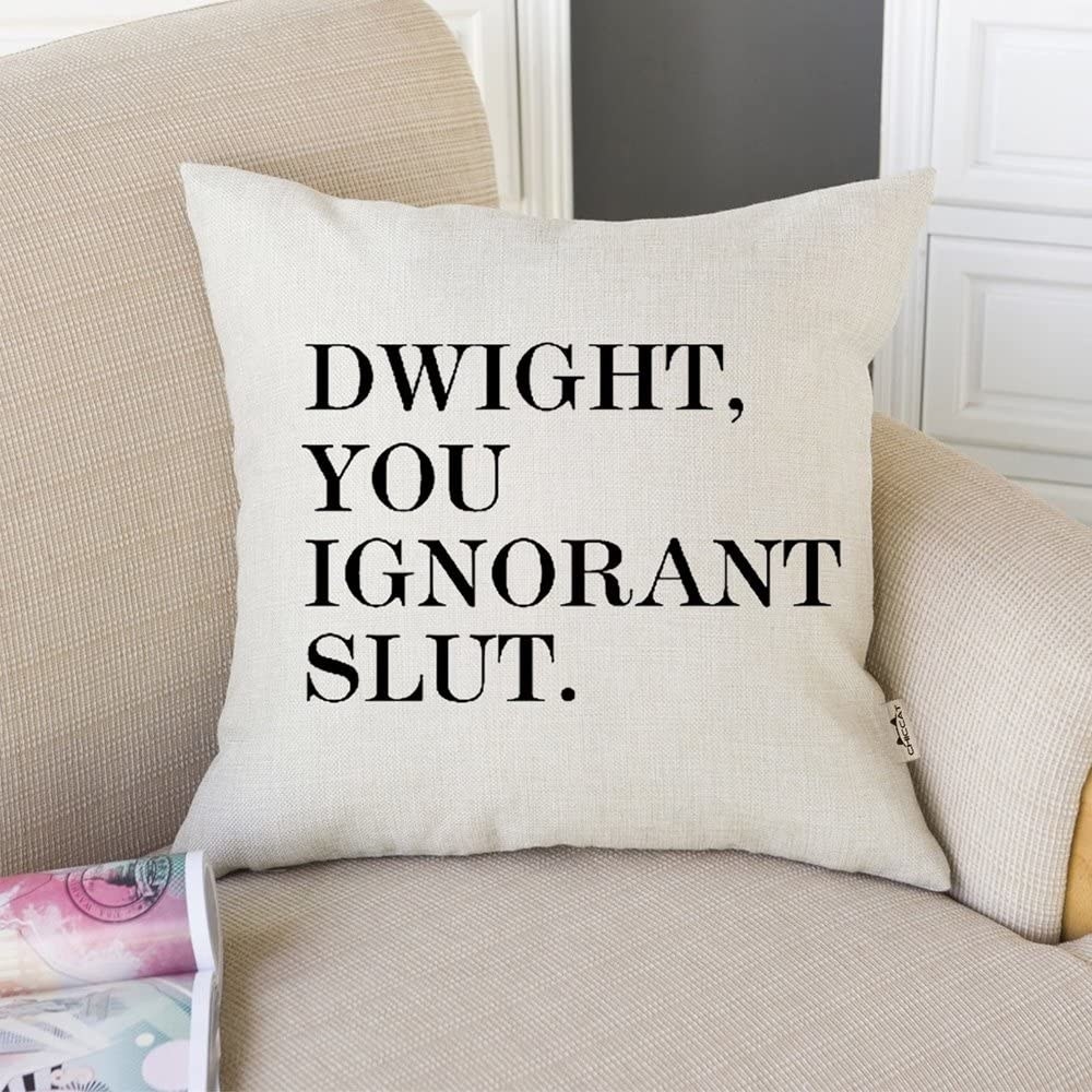 The beige pillow with &quot;Dwight, you ignorant slut&quot; written on it which is a quote from the comedy series &quot;The Office&quot; 