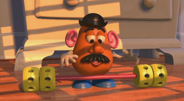 Mr. Potato Head from the animated film Toy Story attempts to lift weights, resulting in his arms popping off