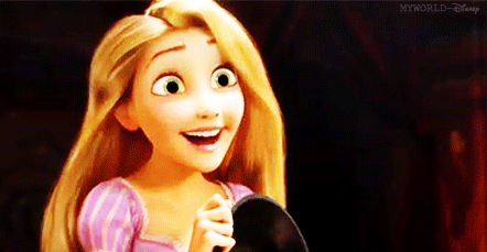 A gif of Rapunzel from Disney's "Tangled" reacting happily