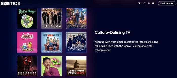 An HBO Max home screen featuring &quot;Culture-Defining TV&quot; like Friends and The Fresh Prince of Bel Air