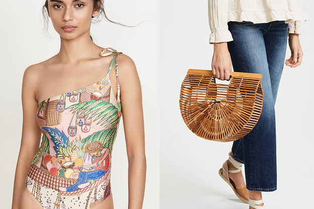 Side by side of model wearing tropical-print bathing suit and model holding curved wood clutch