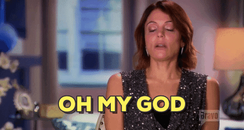 Gif of Bethenny Frankel closing her eyes and saying "Oh My God" in excitement