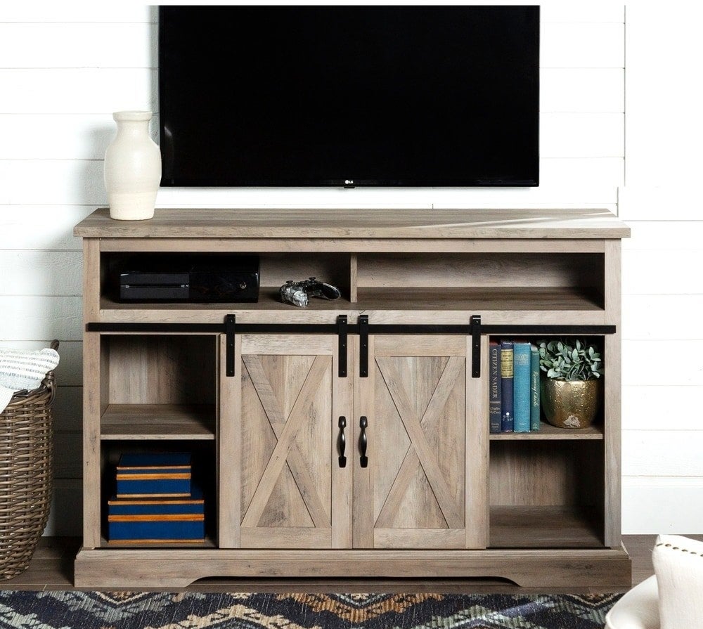 The TV stand in the "grey wash" finish