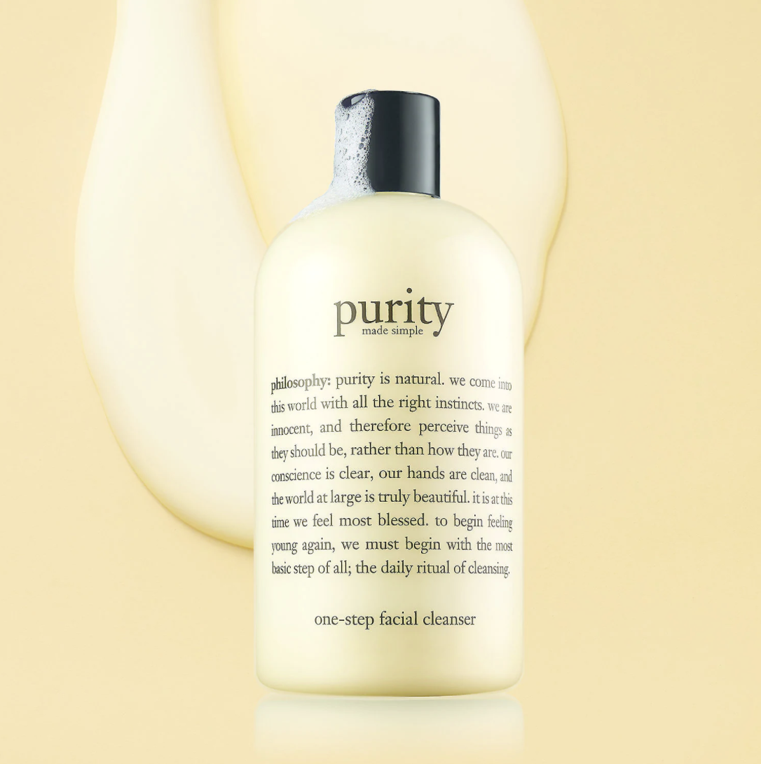 a bottle of purity which has a long paragraph on it describing philosophy&#x27;s brand and the ritual of cleansing