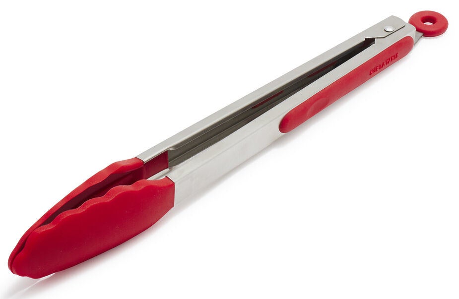 red and silver tongs