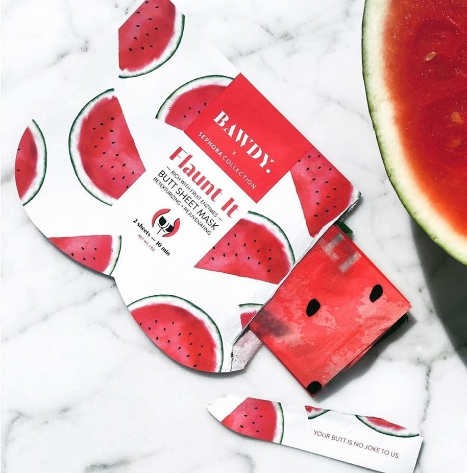 the packaging for the butt mask which is covered in a watermelon print design