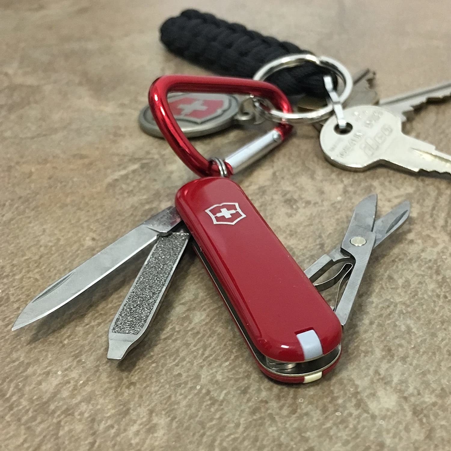 A Swiss Army knife attached to keys 