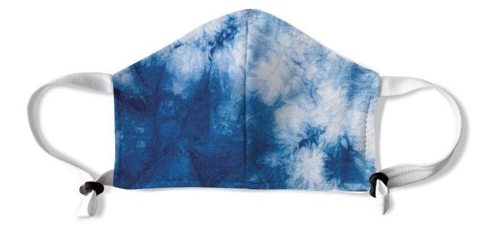 The blue and white tie-dye mask with white handles