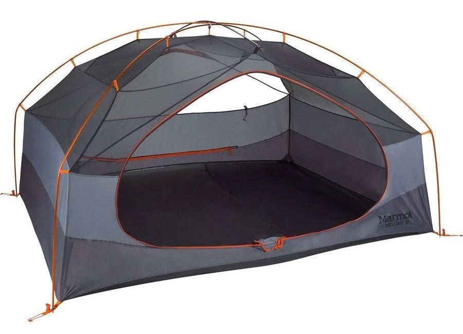 The tent in gray with orange piping