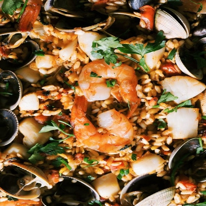 A close-up of paella.