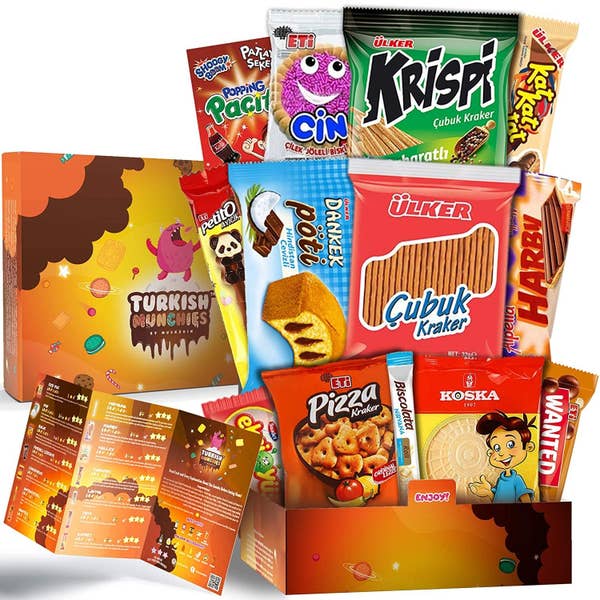 A package full of international snacks like biscuits, Turkish Munchies, and chocolates 