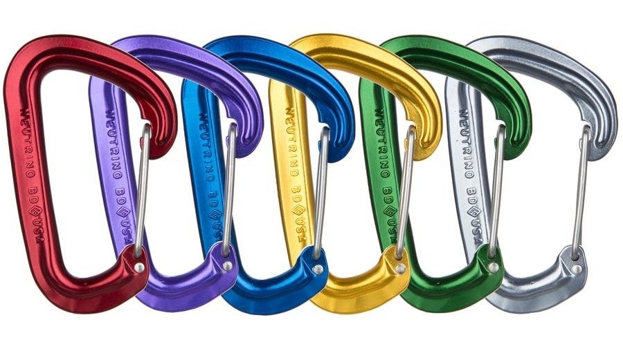 The carabiners, which come in red, purple, blue, yellow, green, and silver