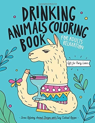 The cover of the coloring book, which has a llama drinking a cocktail 