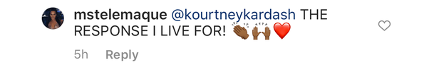 A comment praising Kourtney Kardashian&#x27;s response to a troll on Instagram