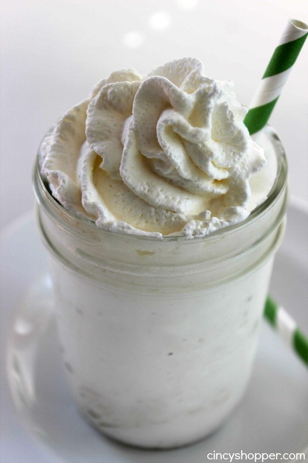 The blended &quot;Frappuccino&quot; in a glass Mason jar topped with whipped cream