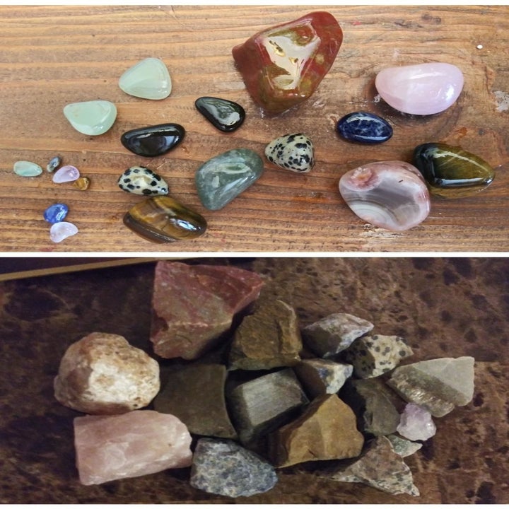 on the bottom jagged dull stones, on the top the same stones smoothed and shiny