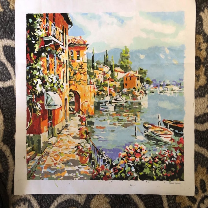 competed paint by numbers revealing an image of a pristine countryside harbor scene