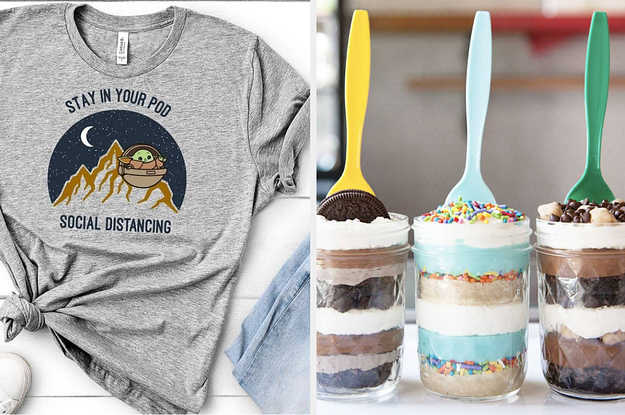 A Baby Yoda t-shirt and cakes in jars