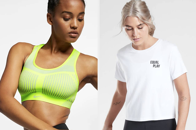 On the right, a Nike model wears a neon yellow sports bra. On the right, an Athleta model wears a white tee that says