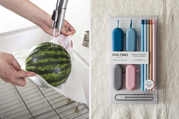 Watermelon being washed over bamboo cloth; package of multicolored reusable straws and cases